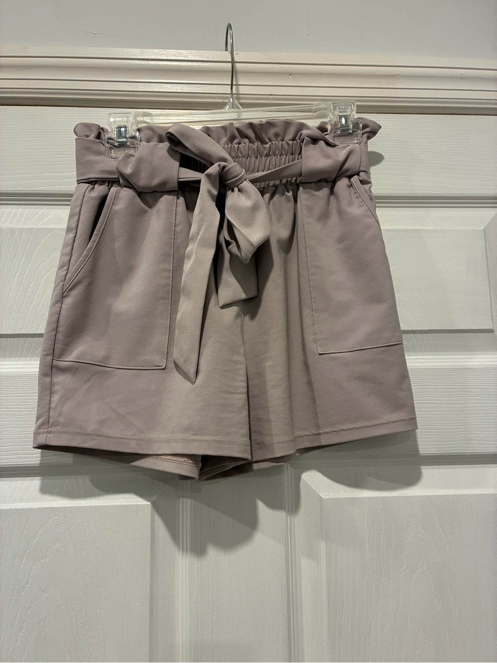 Grace Karin High-Waist Paperbag Tie Shorts in Taupe